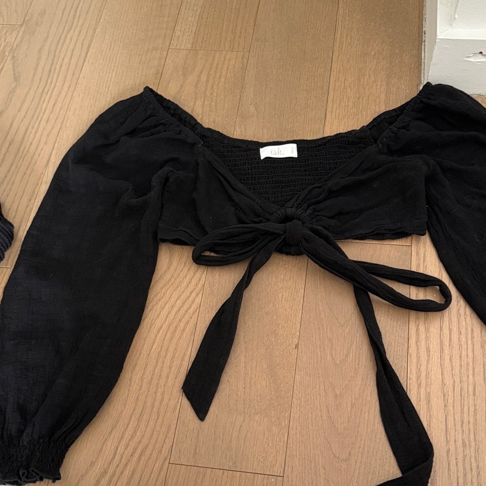 ISH Black Ruched Tie-Front Top